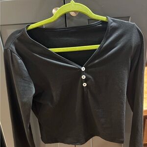 SHEIN Black Long Sleeve Crop Henley Top with Buttons - medium